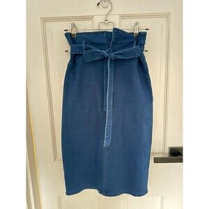 Denim Midi Pencil Skirt with Paperbag Tie
